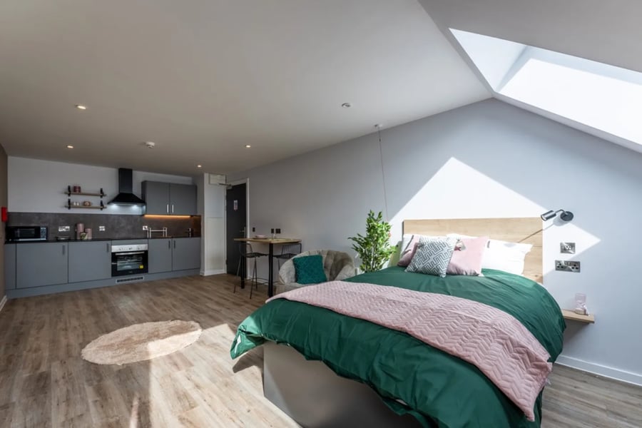Bed kitchen table and chair student studio at Murieston Crescent - Edinburgh in Edinburgh Student Accommodation