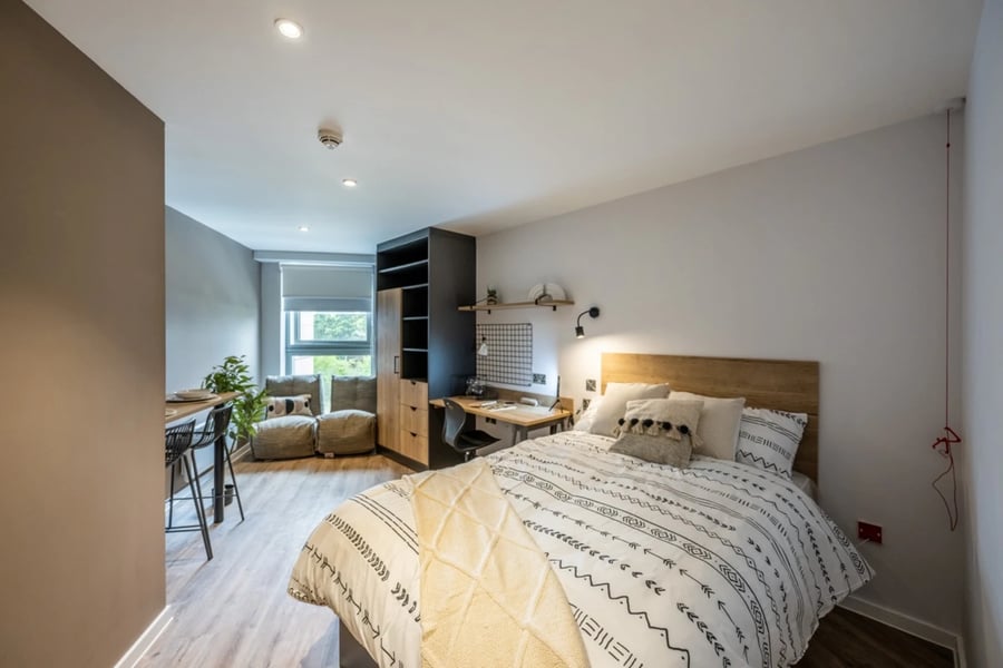 Bed desk chair storage and seating bedroom at Murieston Crescent - Edinburgh in Edinburgh Student Accommodation