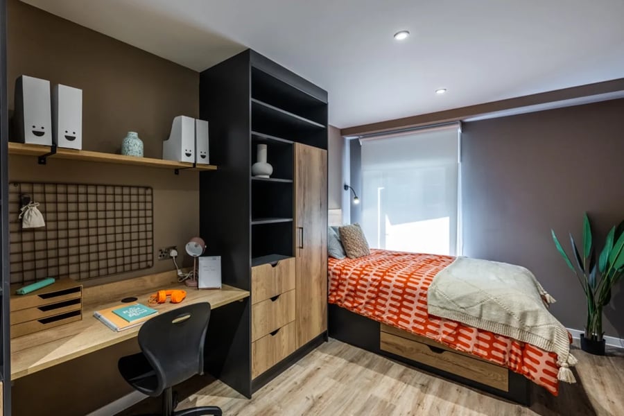 Desk bed shelves wardrobe bedroom study area at Murieston Crescent - Edinburgh in Edinburgh Student Accommodation