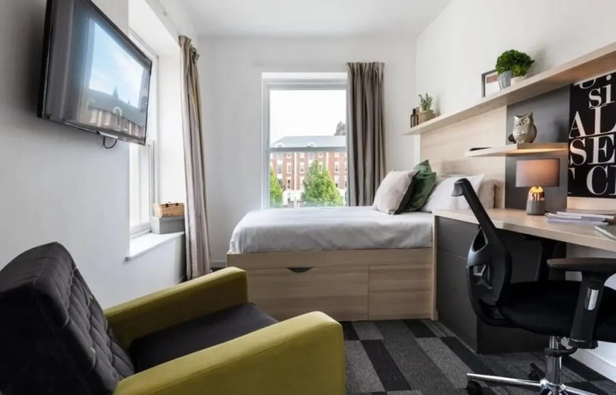 Bed desk chair and television bedroom at The Arch - Liverpool in Liverpool Student Accommodation