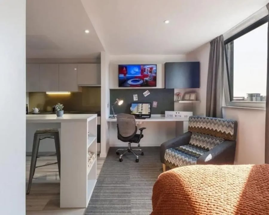 Kitchen desk chair patterned armchair studio apartment at New Park in Edinburgh Student Accommodation
