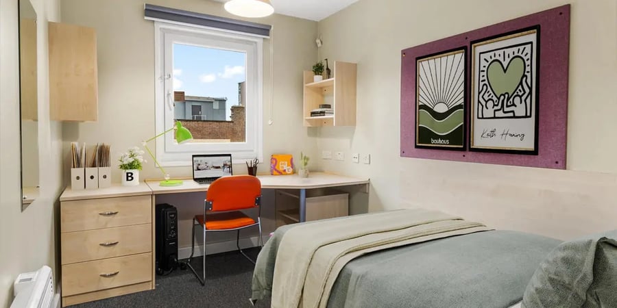 Bed desk laptop heater and art bedroom at The Heights in Birmingham Student Accommodation