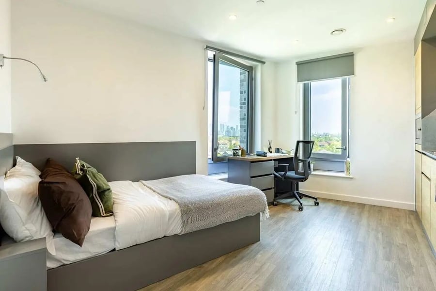 Bed desk chair pillows study area bedroom at Great Court in London Student Accommodation