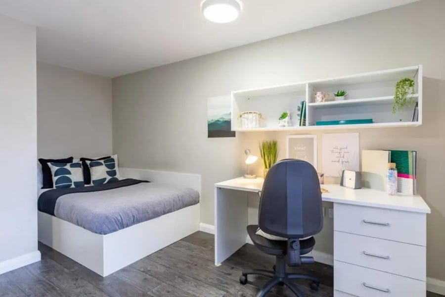 Bed desk chair shelf bedroom study area at One Islington Plaza in Liverpool Student Accommodation