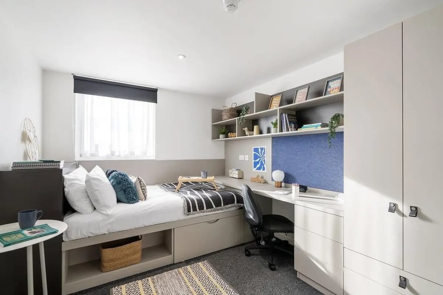 Bed desk and wardrobe student bedroom at Canvas Coventry City Point in Coventry Student Accommodation