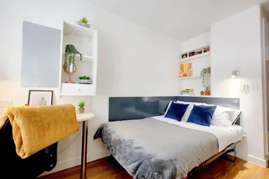 Bed desk mirror shelves plants artwork bedroom at Newarke Street Leicester in Leicester Student Accommodation