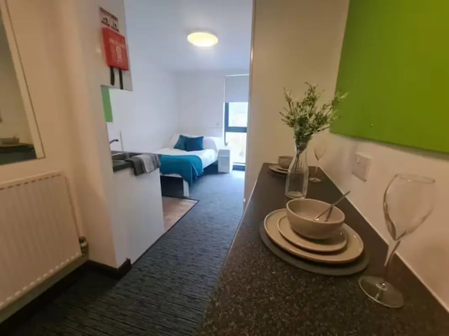 Bed sink radiator dishes vase and bed bedroom at St James Point in Newcastle Upon Tyne Student Accommodation