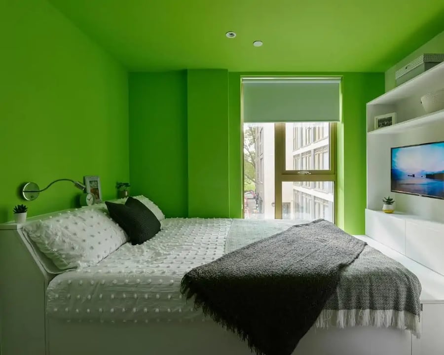 Bed TV shelving bright green room bedroom at Host View Studios in London Student Accommodation