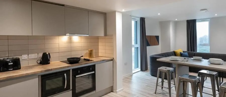 Modern kitchen and living area with seating Image Type at Chapter Ealing in London Student Accommodation