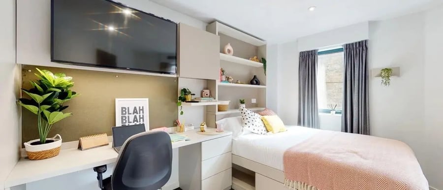 Bed desk TV plant storage shelves bedroom at Chapter Westminster in London Student Accommodation