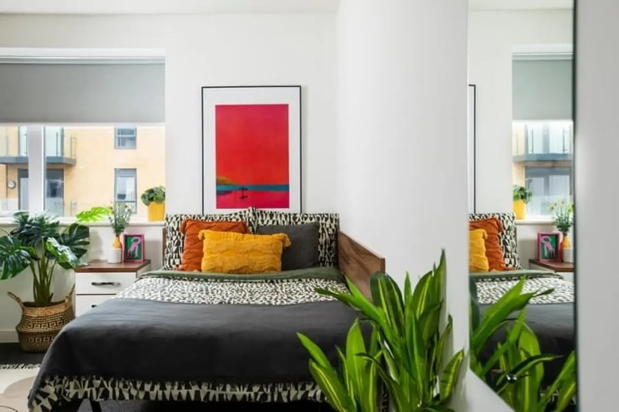 Bed with colorful pillows plant and artwork bedroom at Pier Quays in Medway Student Accommodation