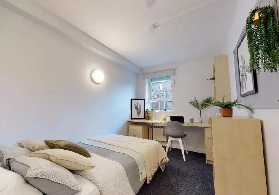 Bed desk chair plant framed art bedroom at iQ Arkwright House in Bradford Student Accommodation