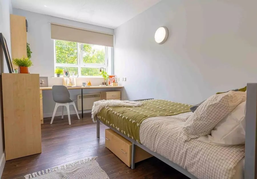 Bed desk chair shelf and plant student bedroom at iQ Arkwright House in Bradford Student Accommodation