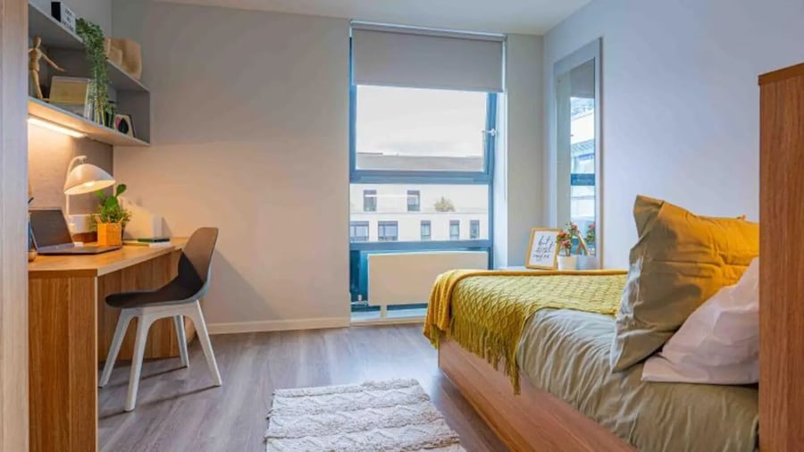 Bed desk chair window shelves bedroom at iQ Sterling Court in London Student Accommodation