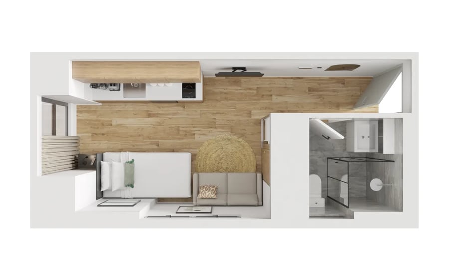 Bed sofa kitchen and bathroom layout exterior at UKO Sutherland in Sydney Student Accommodation