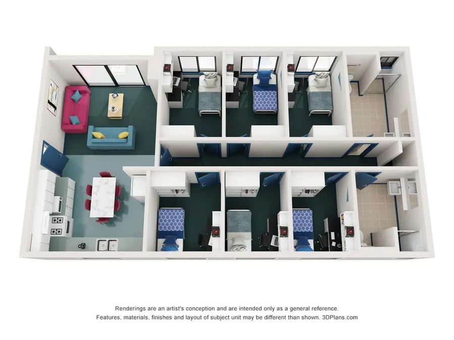 Living area kitchen and multiple bedrooms floor plan at ECU Village Joondalup in Perth Student Accommodation