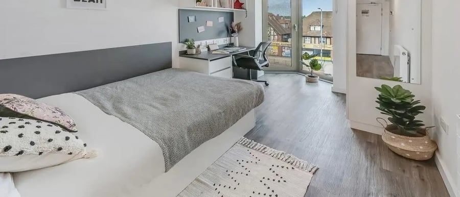Bed desk chair plant and rug bedroom at Chapter White City in London Student Accommodation