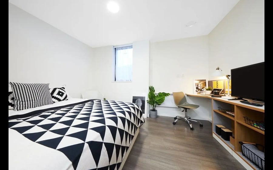 Bed desk chair television plant bedroom at Collegiate Merlin Heights in Leicester Student Accommodation