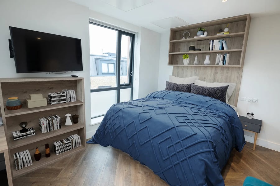 Bed TV shelves window nightstand bedroom bedroom at Canvas Student - Quintana Gate in Exeter Student Accommodation