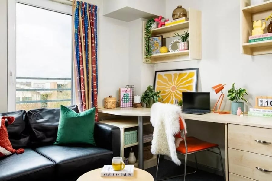 Black sofa green pillow desk laptop lamp plants living room at Newarke Point in Leicester Student Accommodation