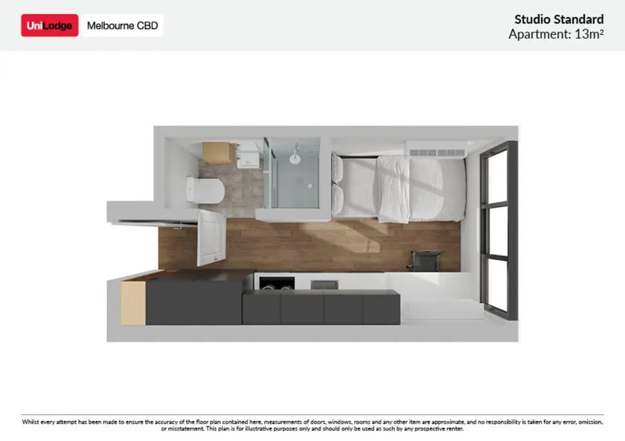 Bed toilet shower kitchen studio apartment at UniLodge Melbourne Flagstaff in Melbourne Student Accommodation