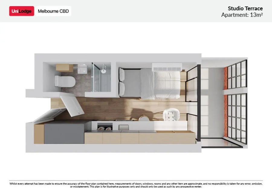 Bed shower toilet kitchen and studio apartment at UniLodge Melbourne Flagstaff in Melbourne Student Accommodation