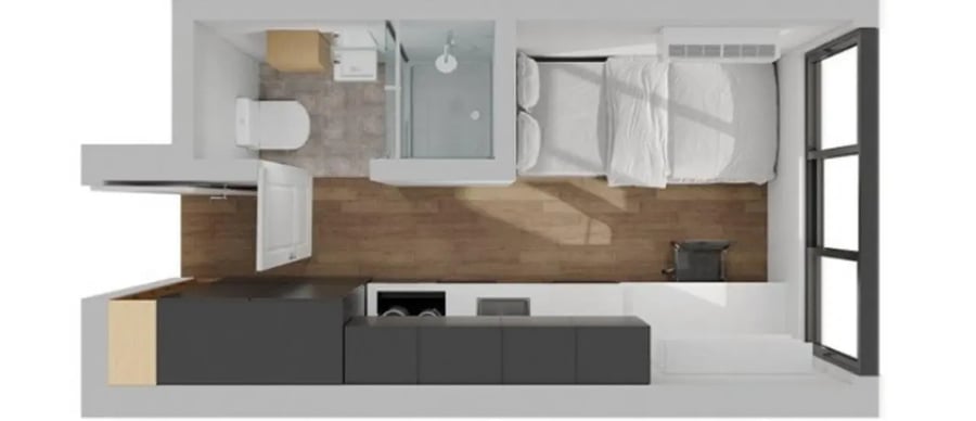 Bed toilet shower and kitchen area floor plan at UniLodge Melbourne Flagstaff in Melbourne Student Accommodation