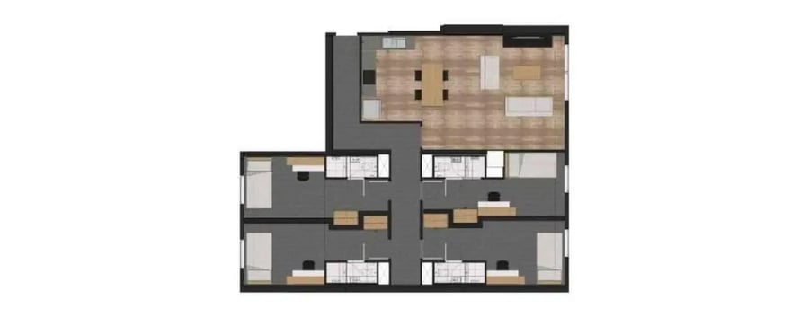 Floor plan with beds desks kitchen living room Floor plan at Unilodge Melbourne City in Melbourne Student Accommodation
