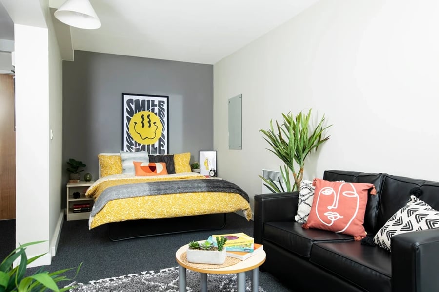 Bed couch and plant living room at Rahere Court in London Student Accommodation