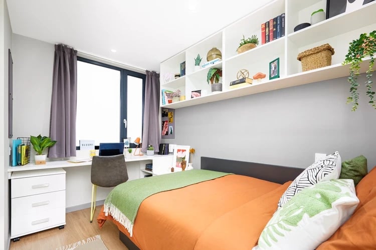 Bed desk shelves and chair Bedroom at Staniforth House in Birmingham Student Accommodation
