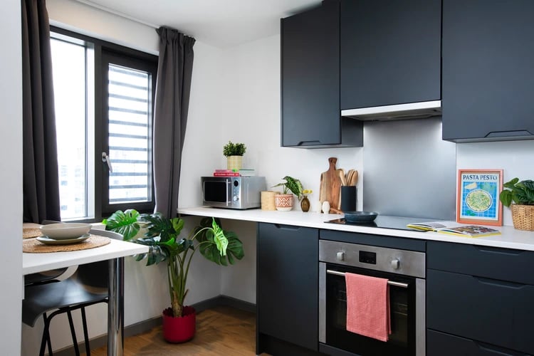 Modern kitchen with dark cabinets oven microwave kitchen at Hayloft Point in London Student Accommodation
