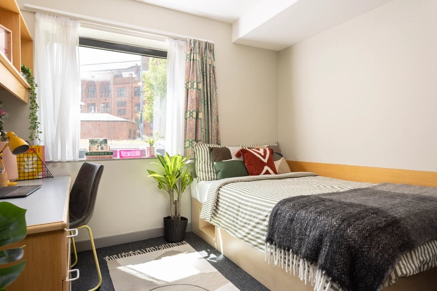 Bed desk chair plant and window bedroom at Lakeside in Birmingham Student Accommodation