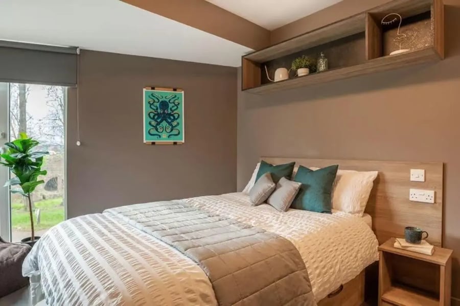 Bed pillows artwork and shelf Bedroom at West Gate in Exeter Student Accommodation