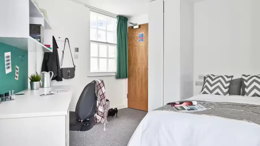 Bed desk chair and storage student bedroom at The Glassworks Leicester in Leicester Student Accommodation