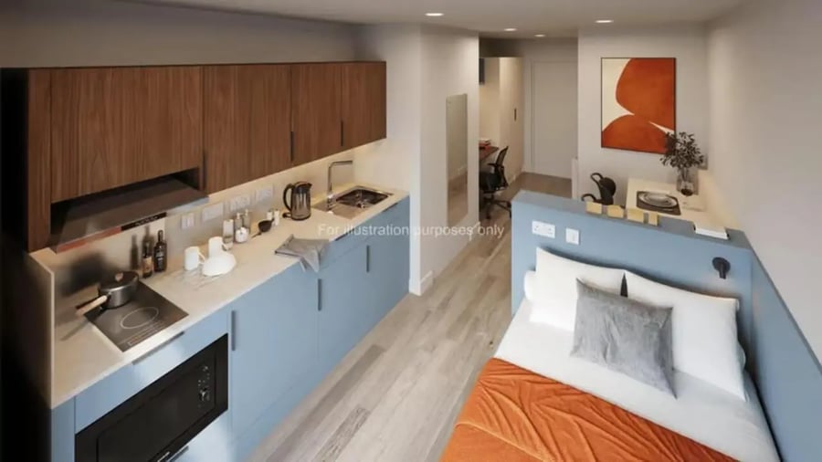 Studio apartment with kitchen bed and desk area at The Propeller Quarter in Bristol Student Accommodation