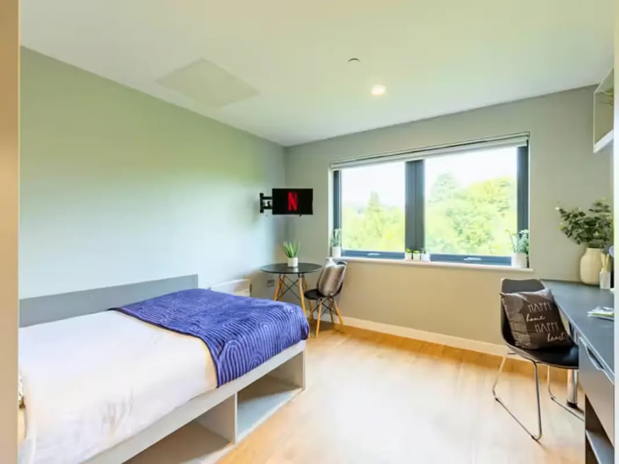 Bed table television window desk bedroom at Clifford House in Exeter Student Accommodation