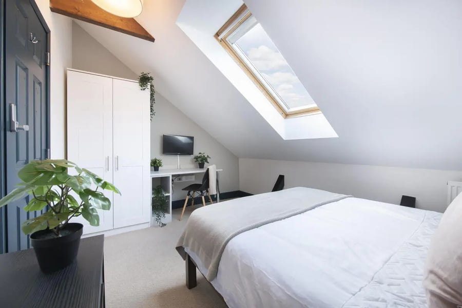 Bed desk wardrobe plant skylight bedroom at The Shoe & Boot Factory in Leicester Student Accommodation