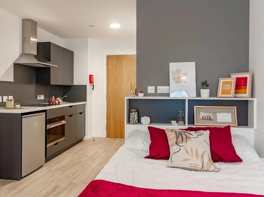 Kitchen bed with modern furniture study area studio apartment at Pavilion Court London in London Student Accommodation