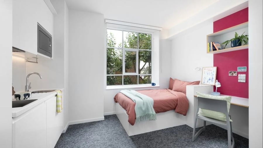 Bed kitchen study area bedroom at Scape Bloomsbury in London Student Accommodation