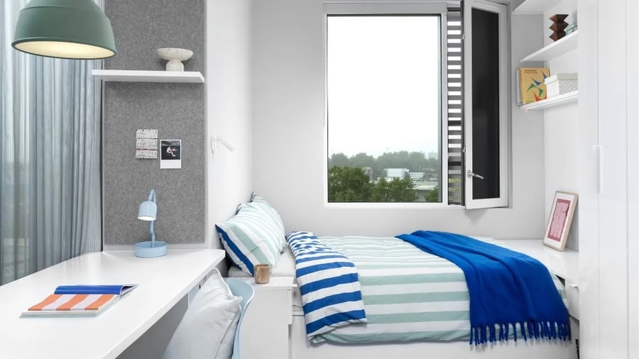 Bed desk and window bedroom at Scape Canada Water in London Student Accommodation