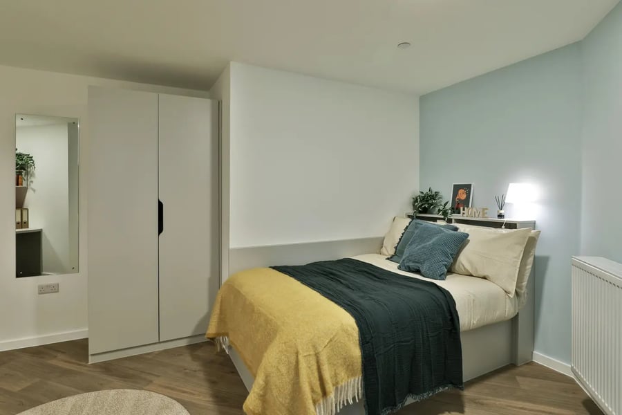 Bed wardrobe mirror plant lamp decor bedroom at Brigg Point in Bristol Student Accommodation