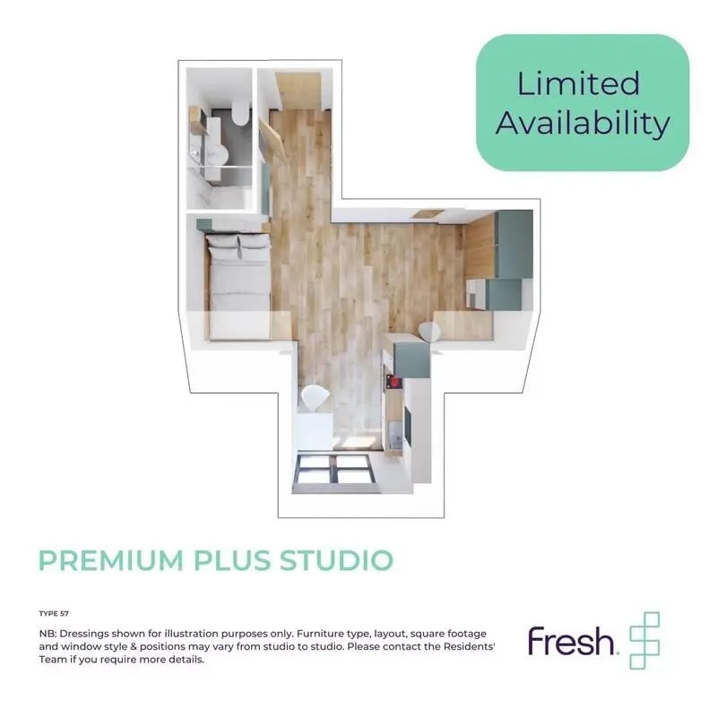 Studio layout with bed bathroom kitchen and seating area at The Gorge in Exeter Student Accommodation