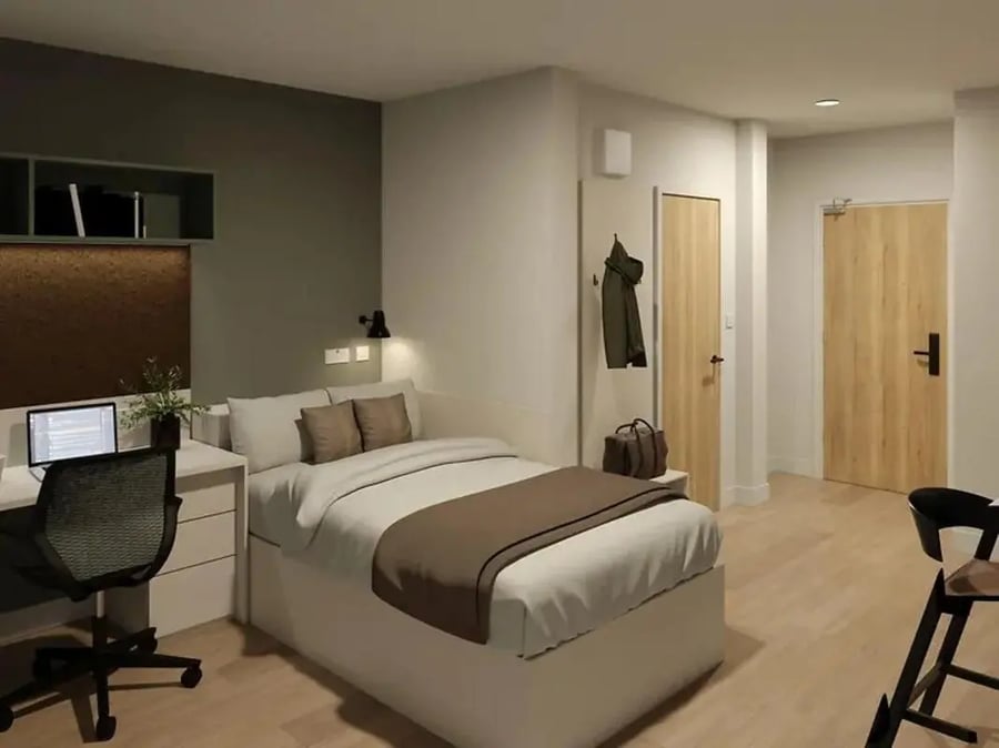 Bed desk chair doors coat bag Bedroom at Yugo Haüs in Birmingham Student Accommodation