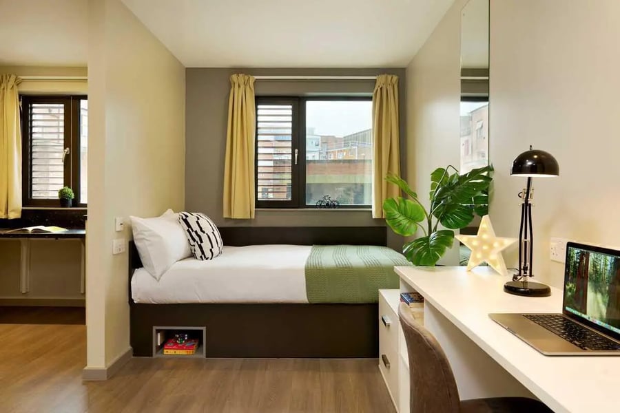 Bed desk lamp plant laptop laptop and bed bedroom at Millennium View in Coventry Student Accommodation