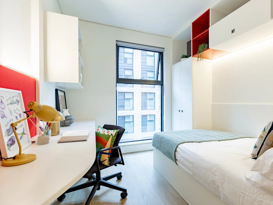 Desk bed window and storage Bedroom at Spring Mews in London Student Accommodation