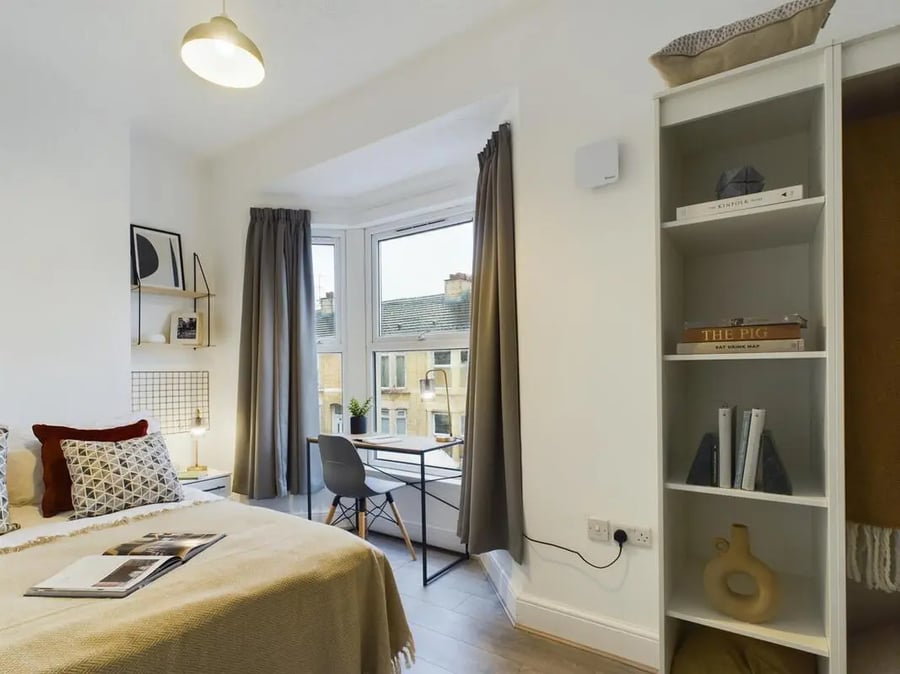 Bed desk shelves and window bedroom at 4 Bedroom House at 102, Leopold Road in Liverpool Student Accommodation