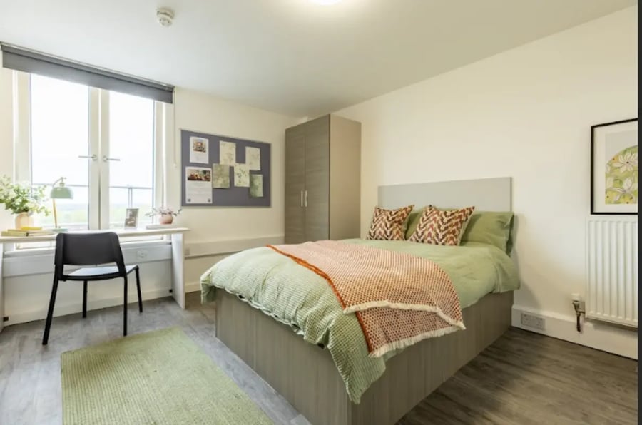 Bed desk wardrobe and picture Bedroom at Radford Mill in Nottingham Student Accommodation