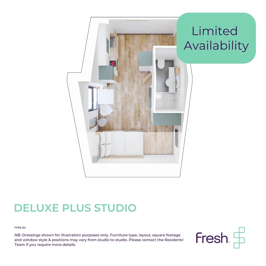Studio layout bed kitchen bathroom study area living room at The Gorge in Exeter Student Accommodation