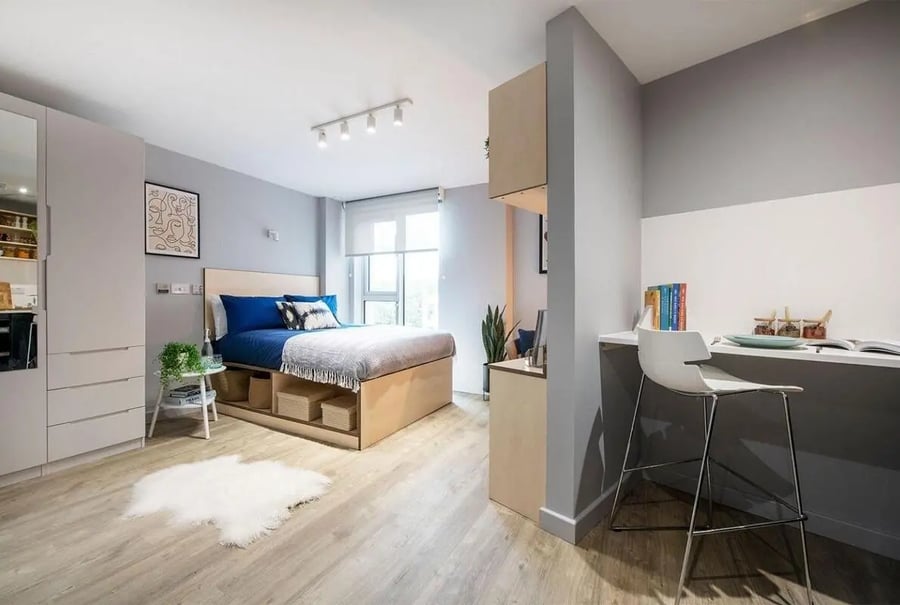 Bed desk closet and white rug bedroom at Silk Mill Edinburgh in Edinburgh Student Accommodation