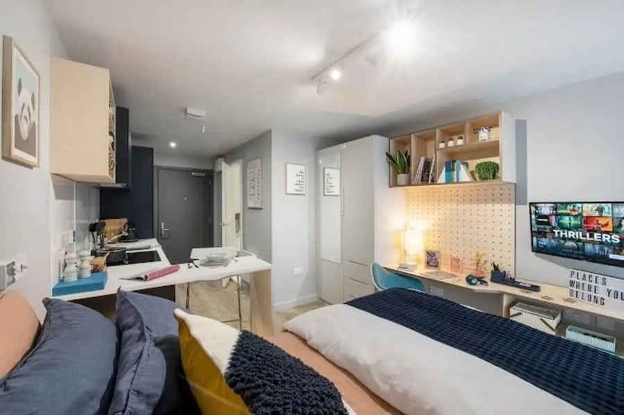 Bed desk kitchen area student studio at Silk Mill Edinburgh in Edinburgh Student Accommodation